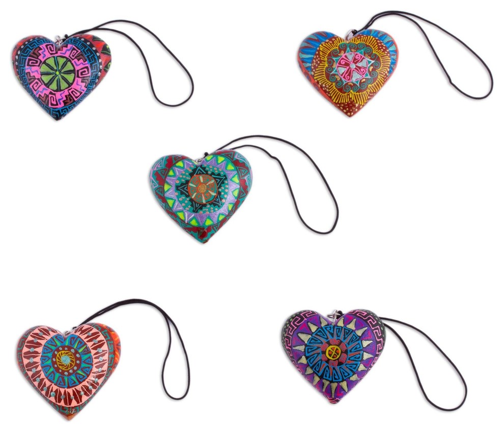 5 Piece Novica Alebrije Hearts Wood Ornaments   Southwestern   Christmas Ornaments   by NOVICA  Houzz