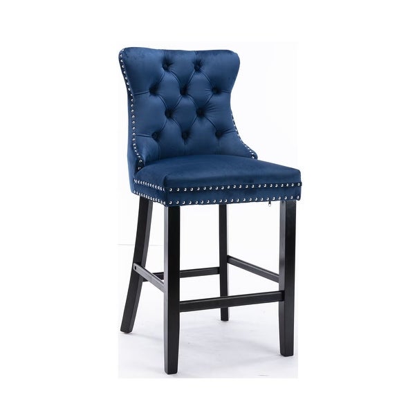 Velvet Upholstered Barstools Leisure Style Bar Chairs with Wood Legs， Nailhead Trim and Button Tufted Back (Set of 2） - N/A