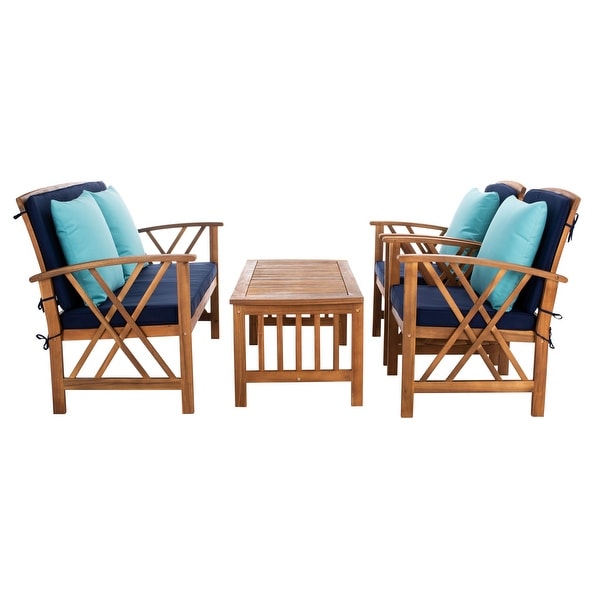 SAFAVIEH Outdoor Living Fontana Acacia/Navy Cushion 4piece Patio Set