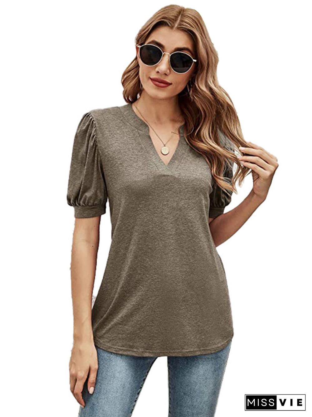 Simple Solid Color V-Neck Puff Sleeves T-Shirt Top