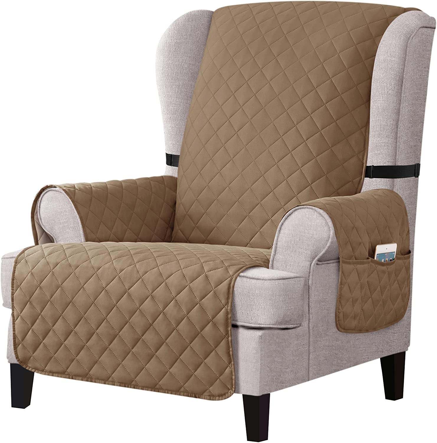 CHUN YI Reversible Wing Chair Slipcovers with Elastic Band and Side Pocket (Khaki)