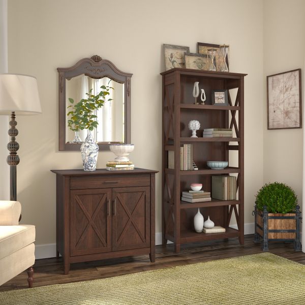 Bush Furniture Key West Secretary Desk with Storage and 5 Shelf Bookcase in Bing Cherry