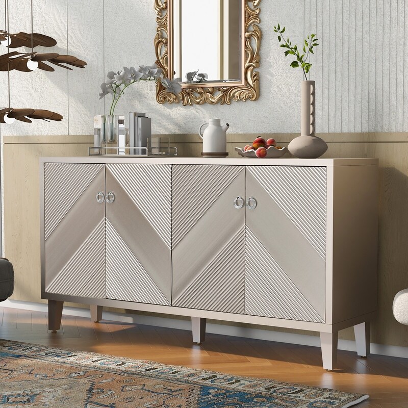 Light Luxury Style Storage Cabinet with Adjustable Shelves  4 Doors Buffet Sideboard Cabinet with Metal Handles