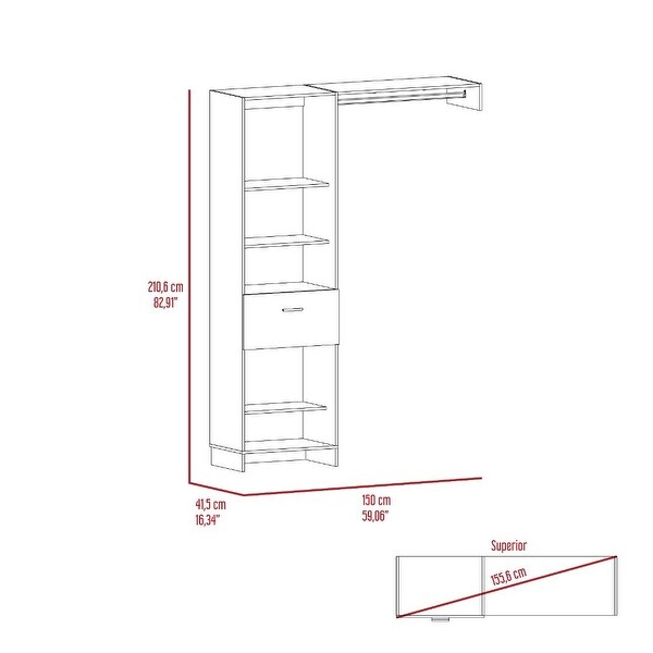 TUHOME Manchester 150 Closet System with Metal Rod， 5 Open Shelves， and 1 Drawer - - 35569945