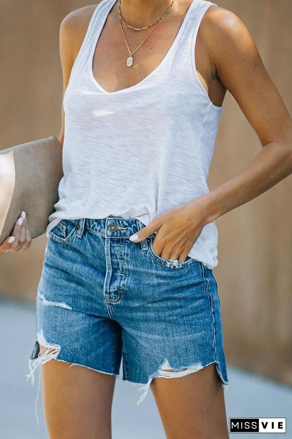 Denim Middle Waist Irregular Ripped Shorts