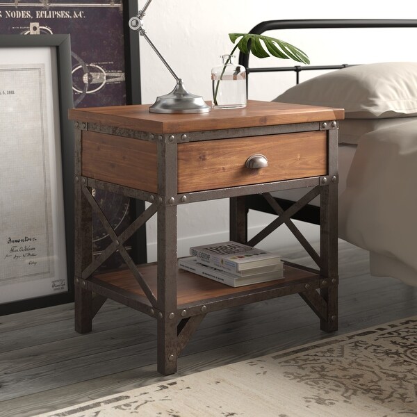 Unique Style Two Tone Finish Nightstand of Drawer Shelf ， Metal Finished Brackets ， Bedroom Furniture - - 36131710