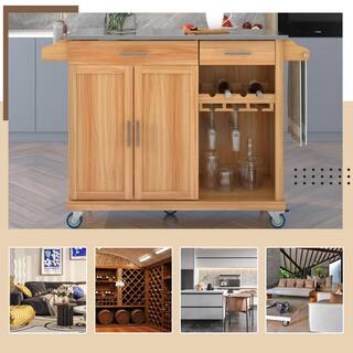 51 in. W Brown MDF Stainless Steel Top Kitchen Cart Kitchen Island on Wheels with 2-Drawers and Goblet Holder wykkisland06