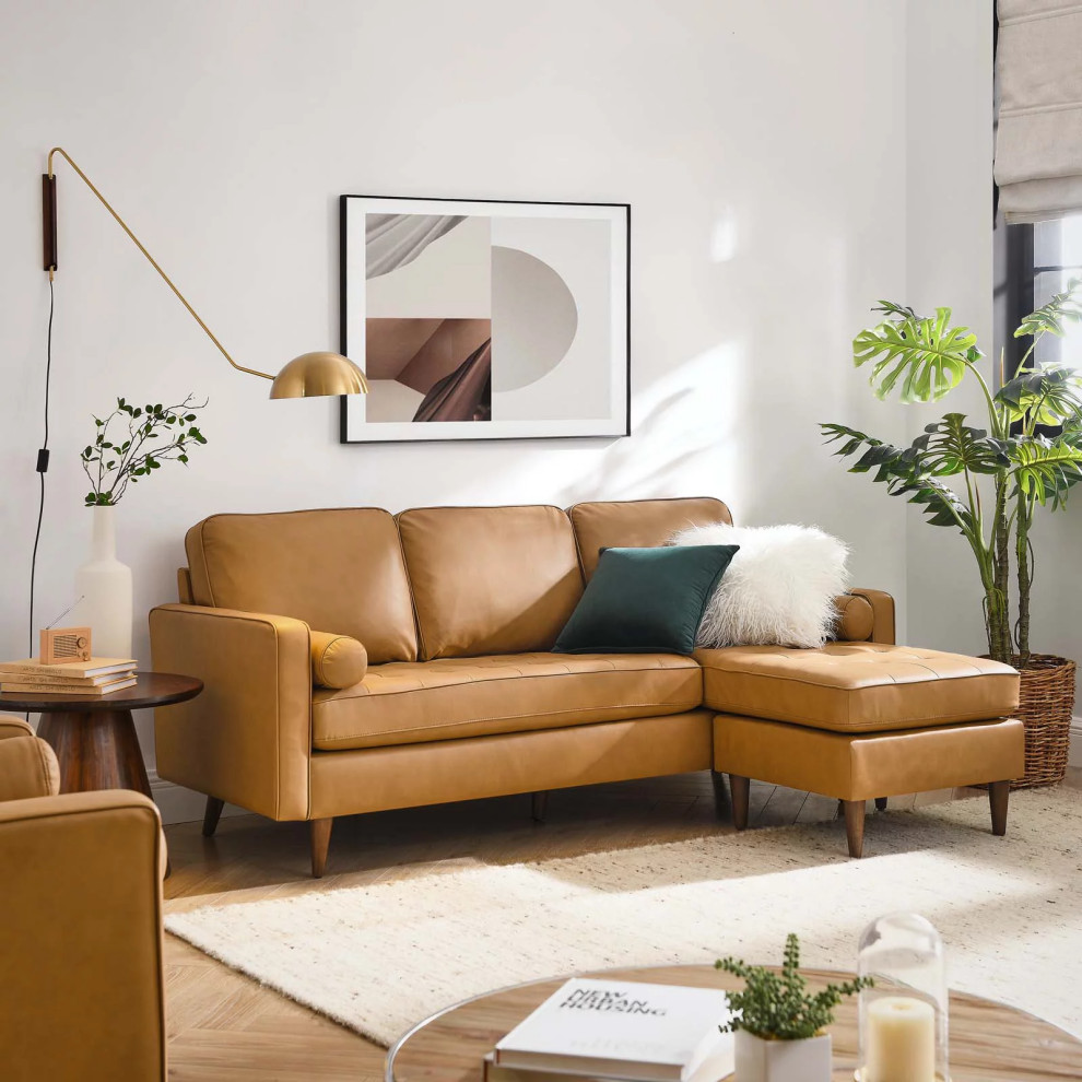 Mid Century Modern L Shaped Sectional Sofa  Tufted Grain Leather Upholstery  Tan   Midcentury   Sectional Sofas   by Declusia  Houzz