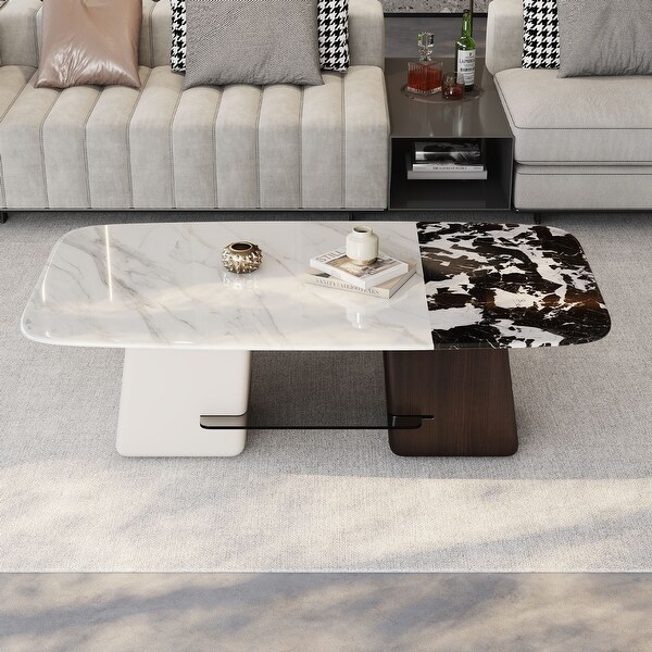 Modern Coffee Table with White and Black Top and Dark Brown and White Lacquered Legs