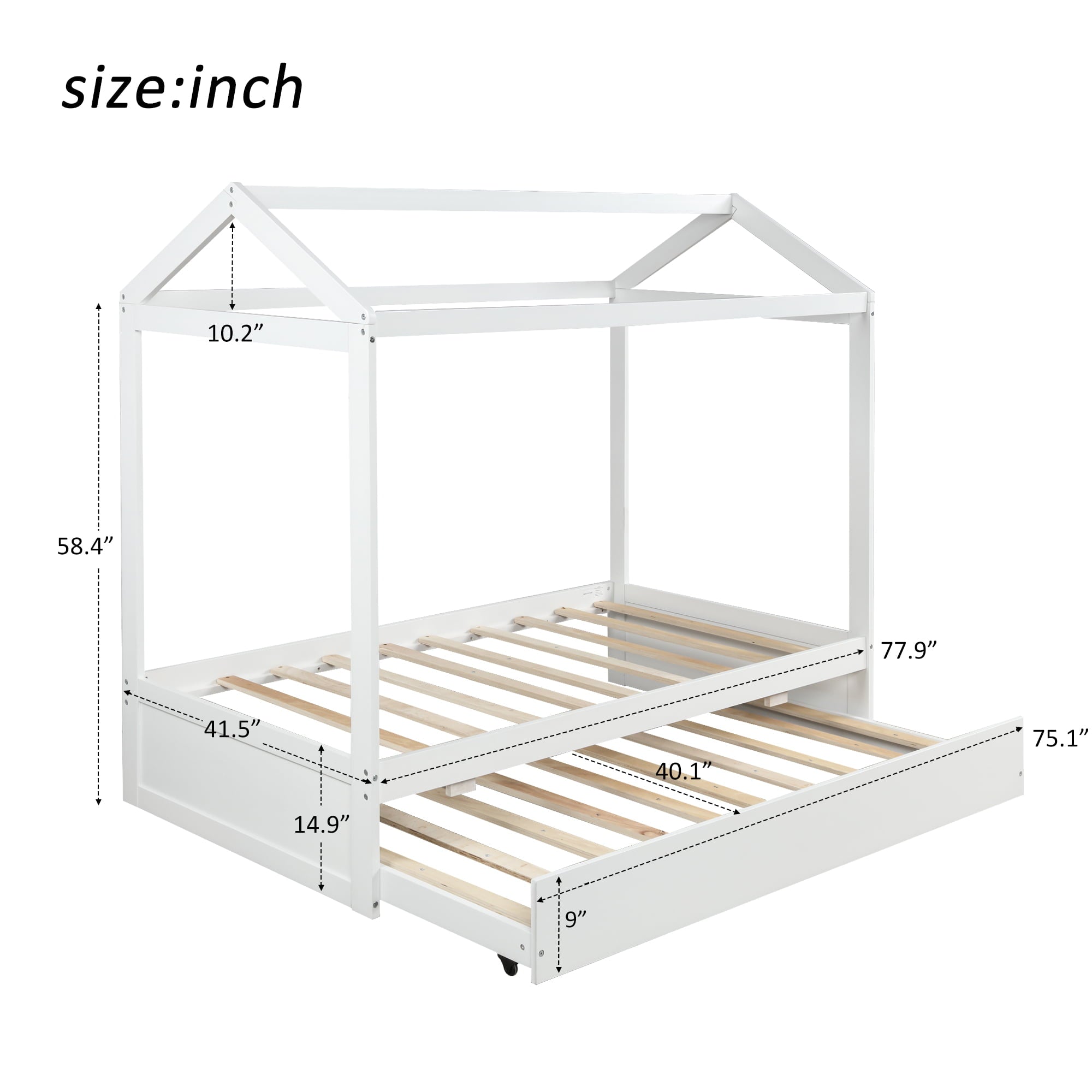 Euroco Pine Wood Twin Size Kids Beach House Bed With Trundle, White