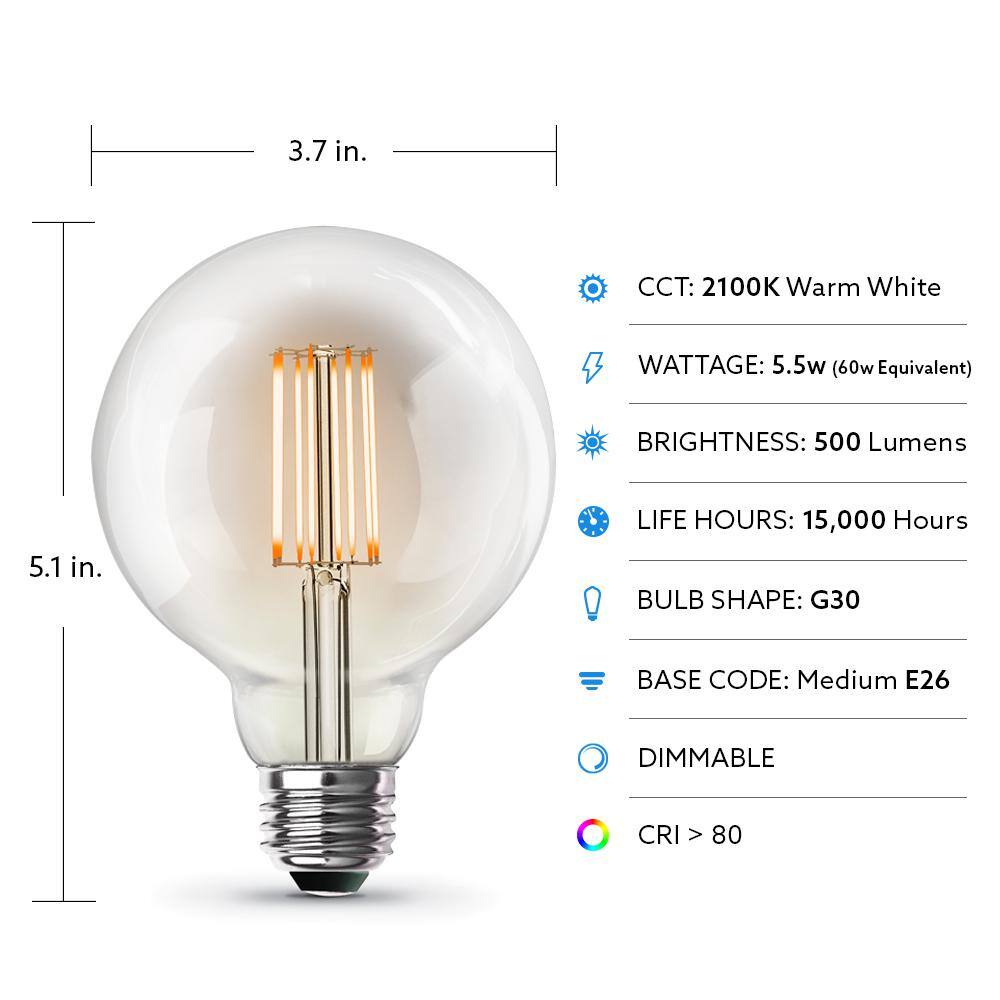 Feit Electric 60-Watt Equivalent G30 Dimmable Cage Filament Clear Glass E26 Vintage Edison LED Light Bulb Warm White (4-Pack) G3060CLVGLEDHDRP4