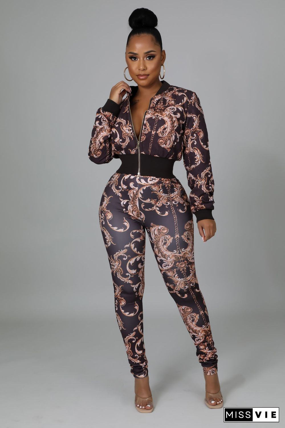 Printed Long Sleeve Zipper Jacket And Pant Suits