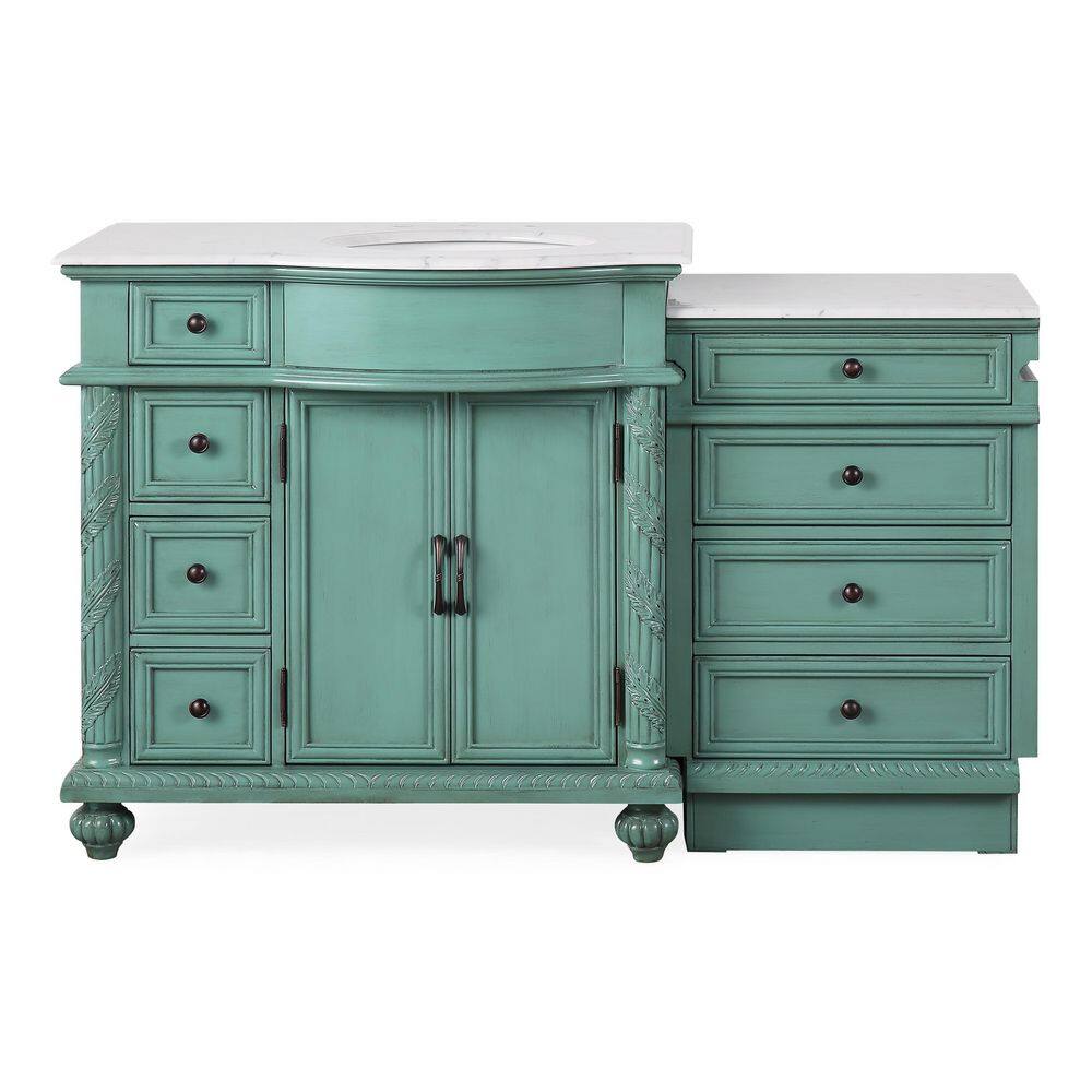 Silkroad Exclusive 55.5 in. W x 22 in. D x 36 in. H Freestanding Bath Vanity in Vintage Green with Carrara White Marble Top V0213NW56R