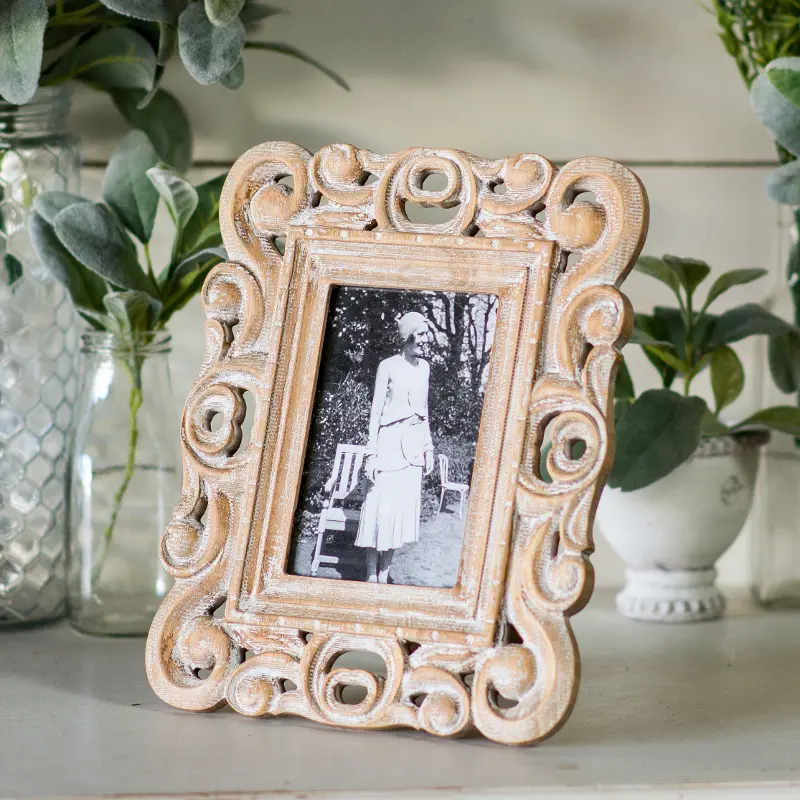 Carved Wood and White Wash Scroll Detail 4x6 Picture Frame