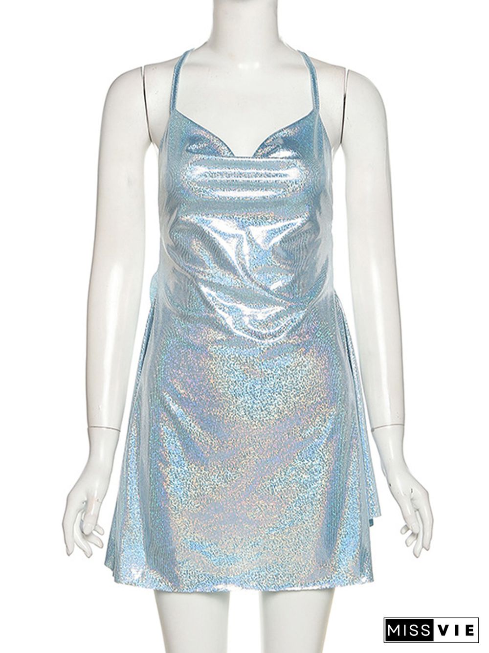 Sequin Dress Backless Sexy Dress Bling Glitter Party Dresses Women Solid Sleeveless Halter Mini Dress Summer Club Outfits