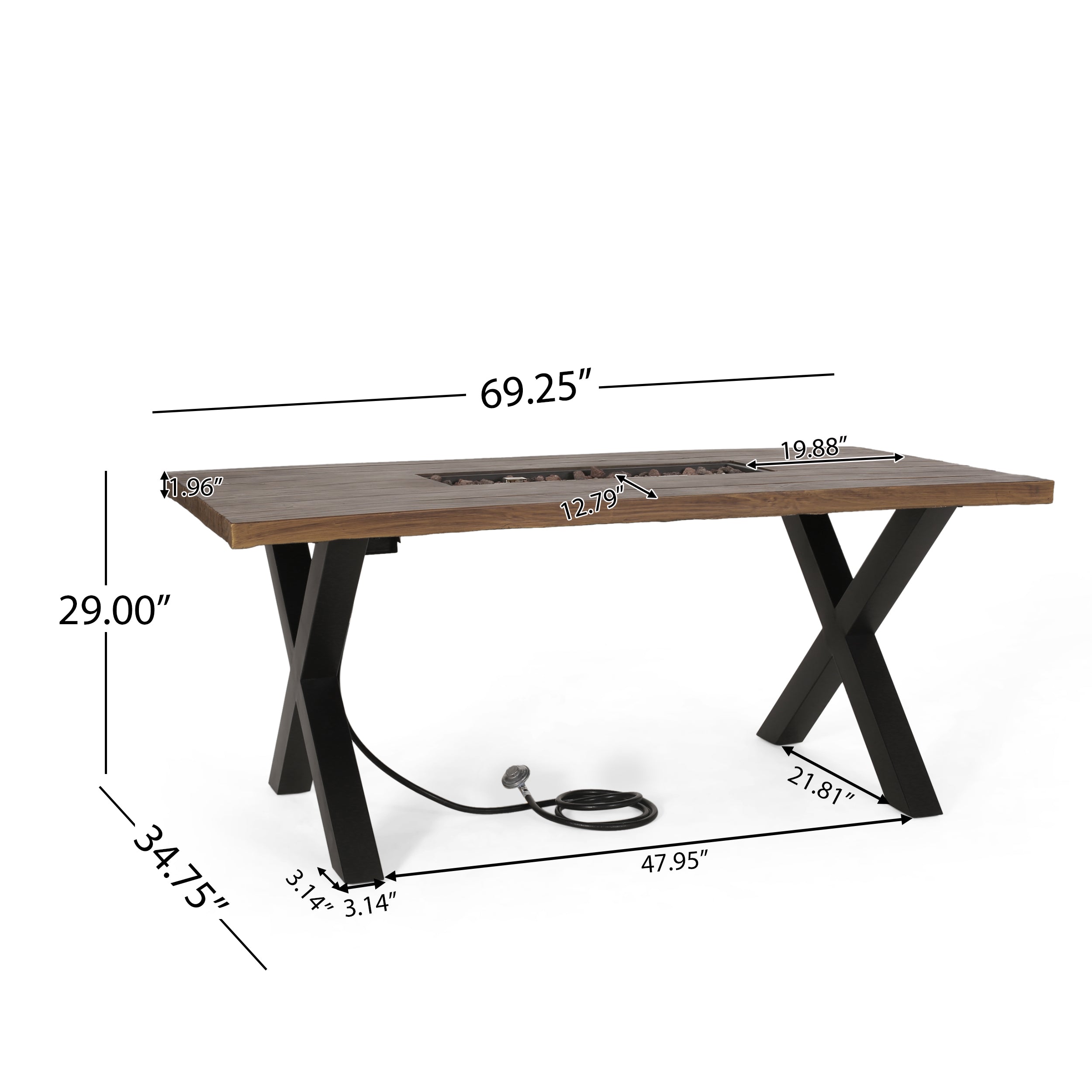 Hyrum Outdoor 40,000 BTU Fire Pit Dining Table with Tank Holder, Textured Brown Walnut, Black, and Dark Gray