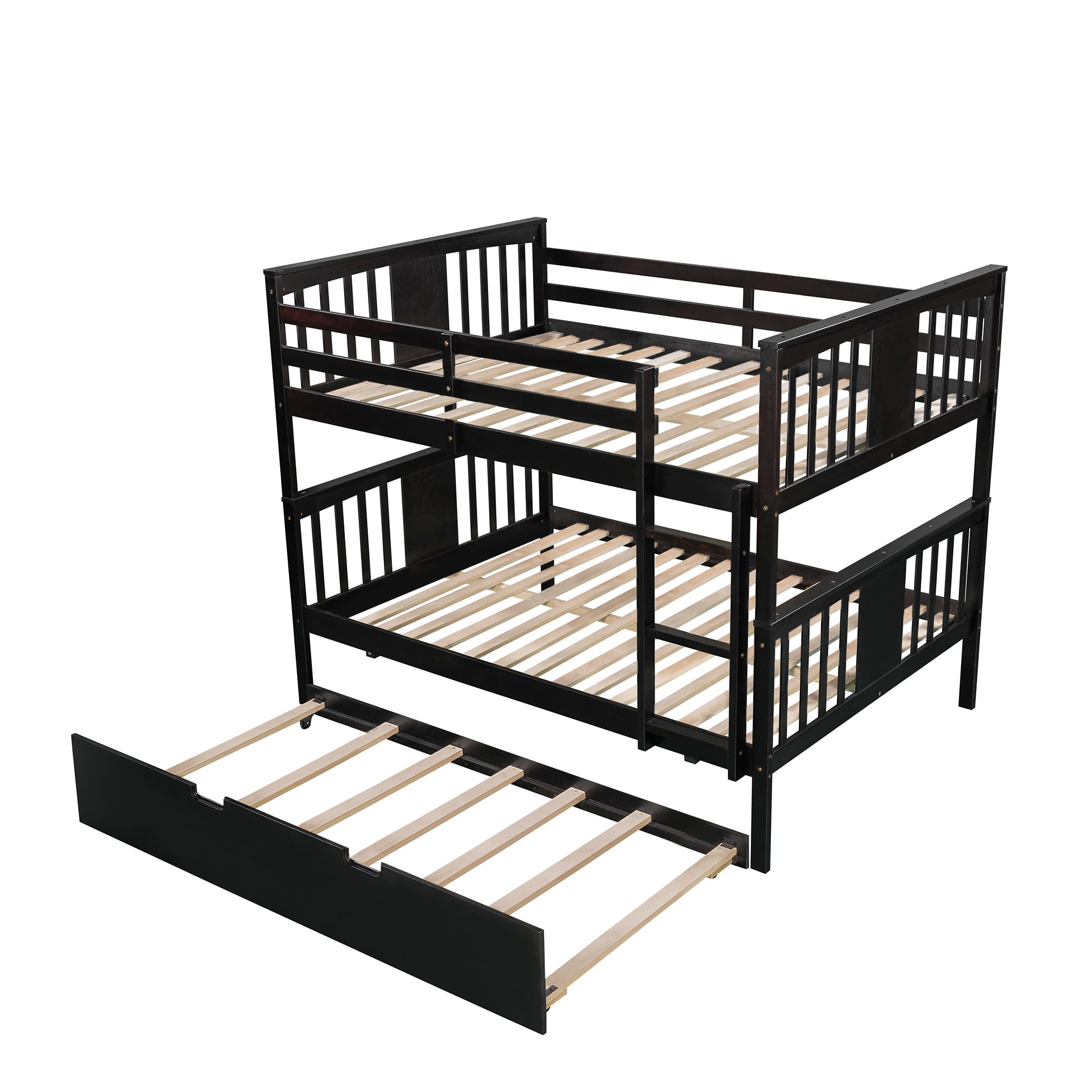 Full Over Full Bunk Bed with Twin Trundle Wood Bunk Bed Frame with Guard Rails and Ladder for Kids Boys Girls Teens Adults, Can be Convertible to 2 Beds,Espresso