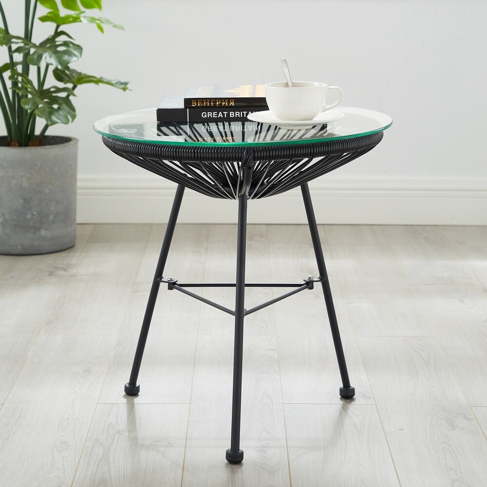 Corvus Sarcelles Modern Woven Wicker Patio Side Table with Glass Top