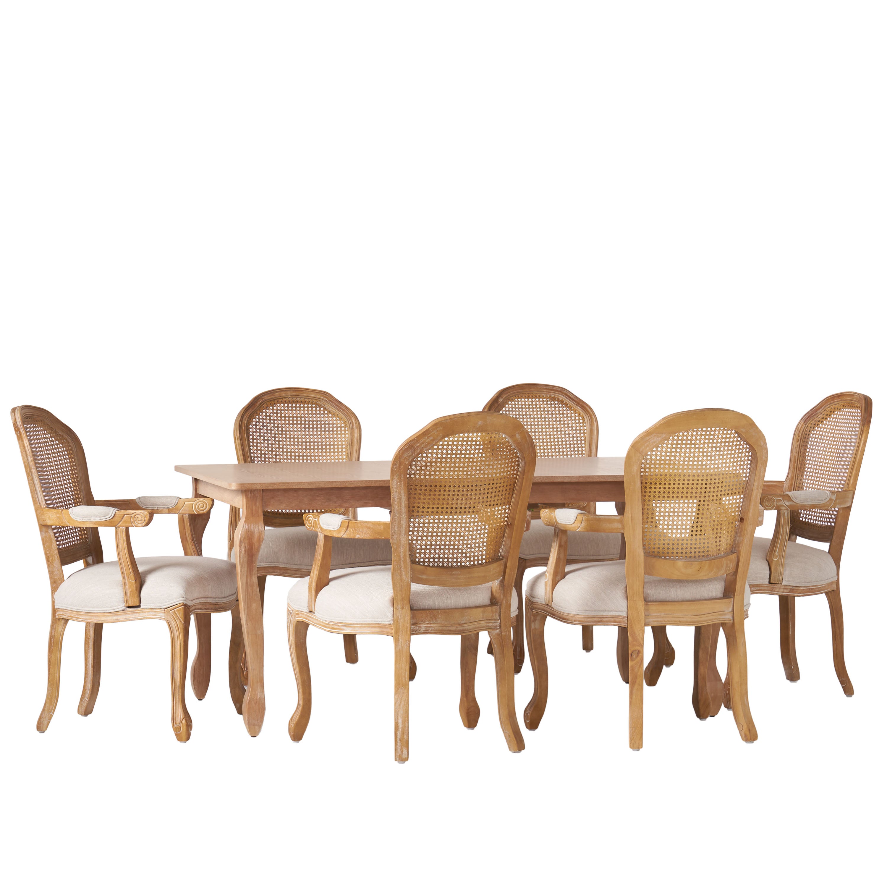 Fescue French Country Fabric Upholstered Wood and Cane Expandable 7 Piece Dining Set