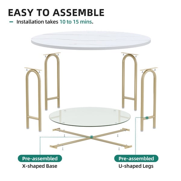 Round Coffee Table with Glass White Marble Top Gold Frame