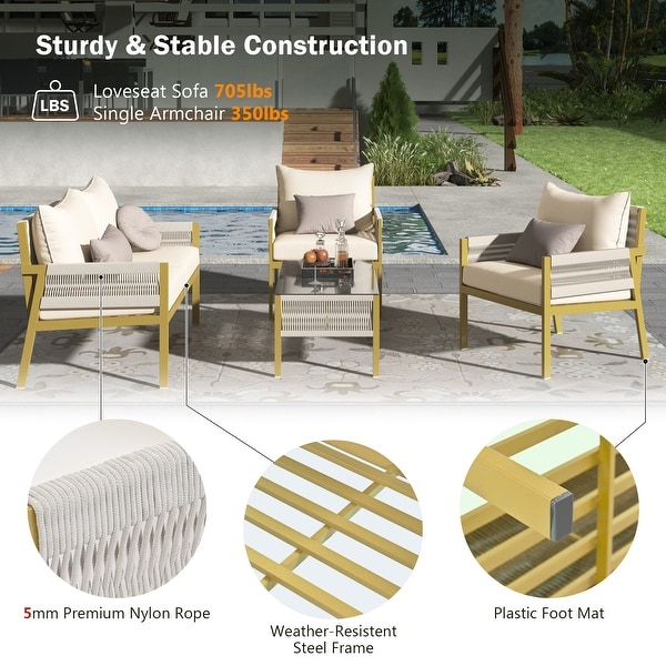 4Pcs Rope Patio Furniture Set，Outdoor Chairs Set with Tempered Glass Table，Patio Conversation Set for Backyard Porch Balcony