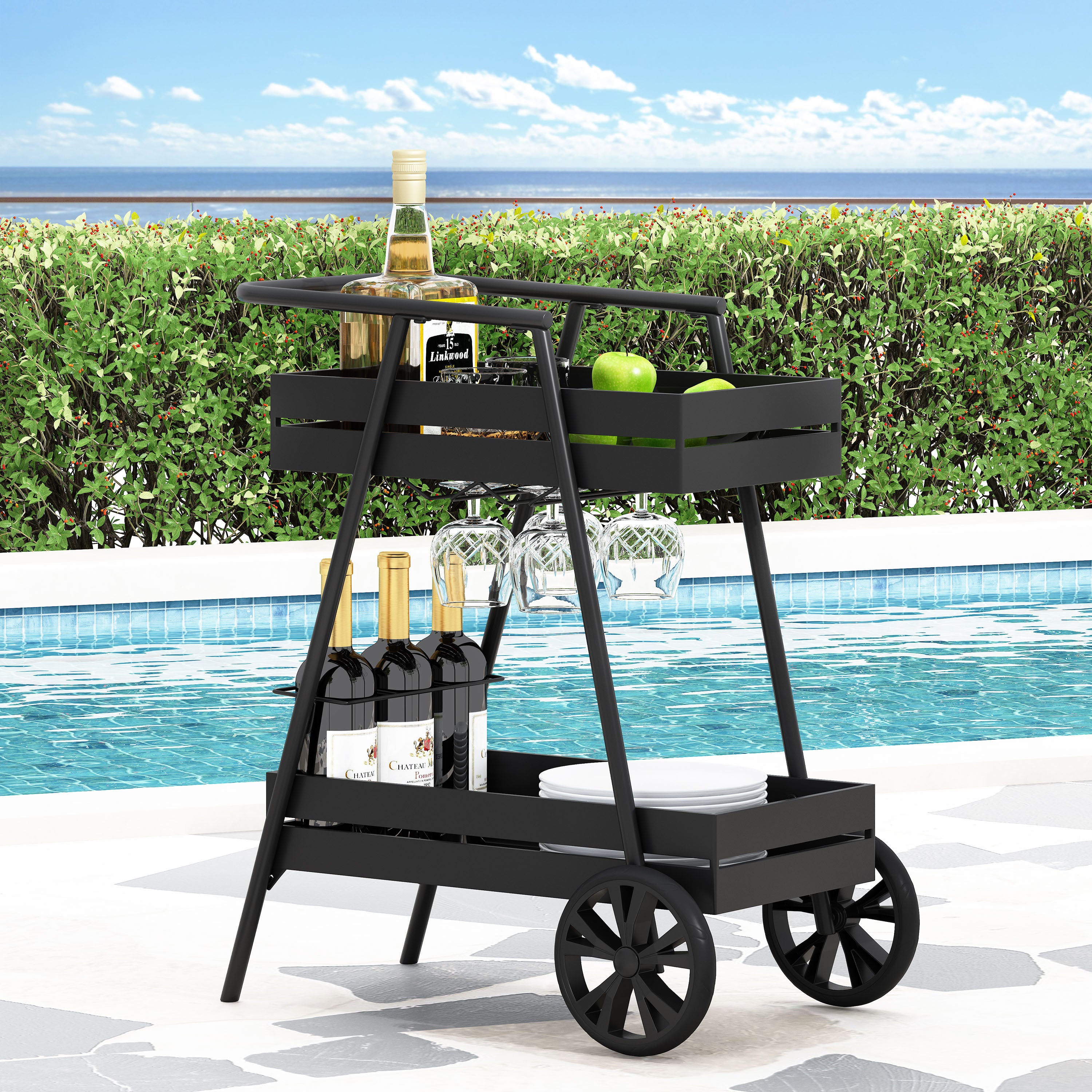 Wolfeboro Outdoor Metal 2 Tiered Bar Cart, Matte Black