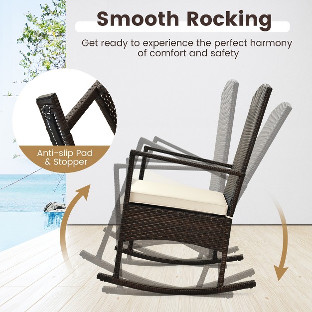 Tangkula 3 Pieces Rocking Wicker Bistro Set Outdoor Front Porch Rocker Chairs Conversation Set