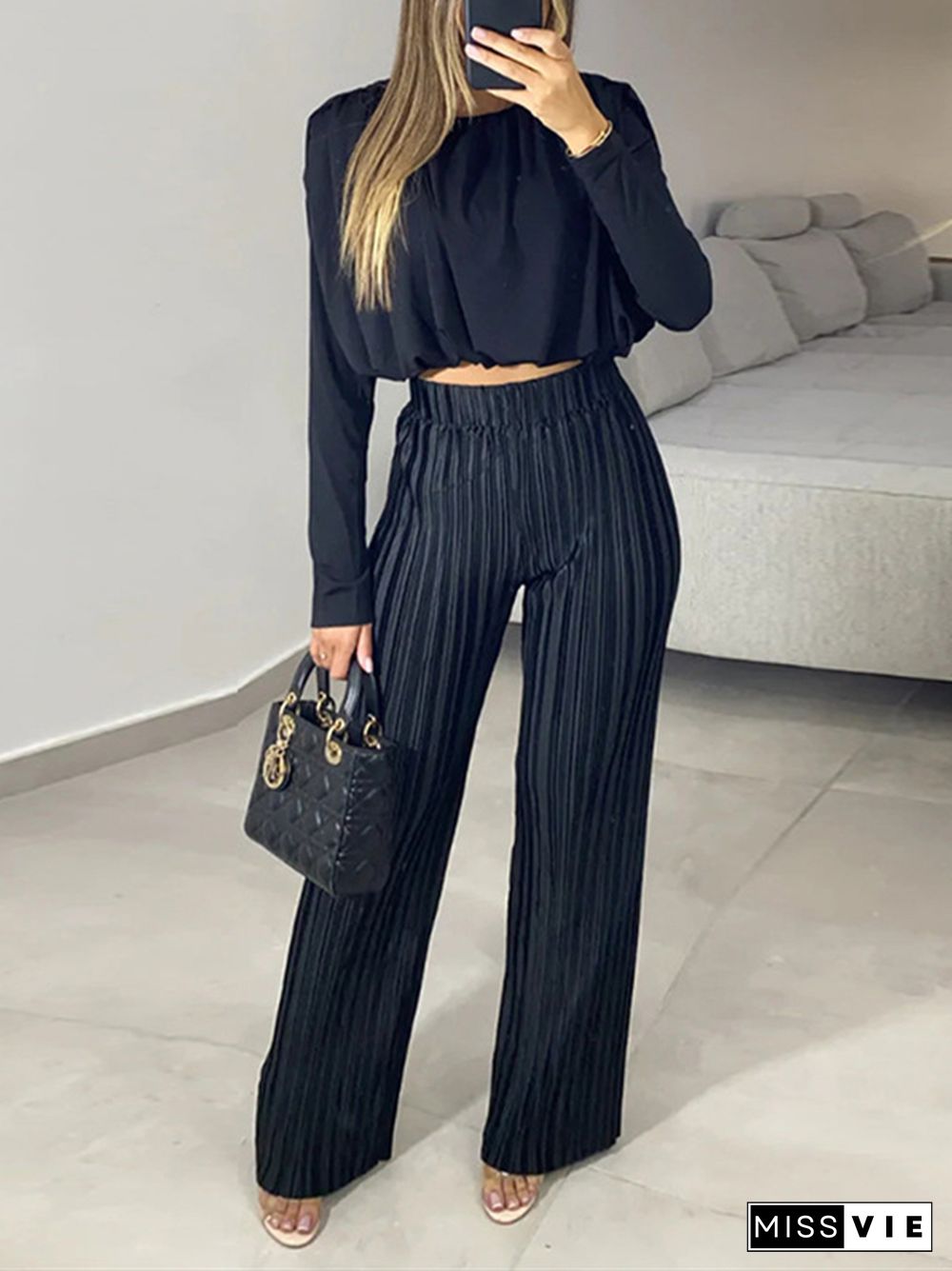 Long Sleeves Elasticity Pleated Solid Color Round-Neck Shirts Top + High Waisted Pants Bottom Two Pieces Set