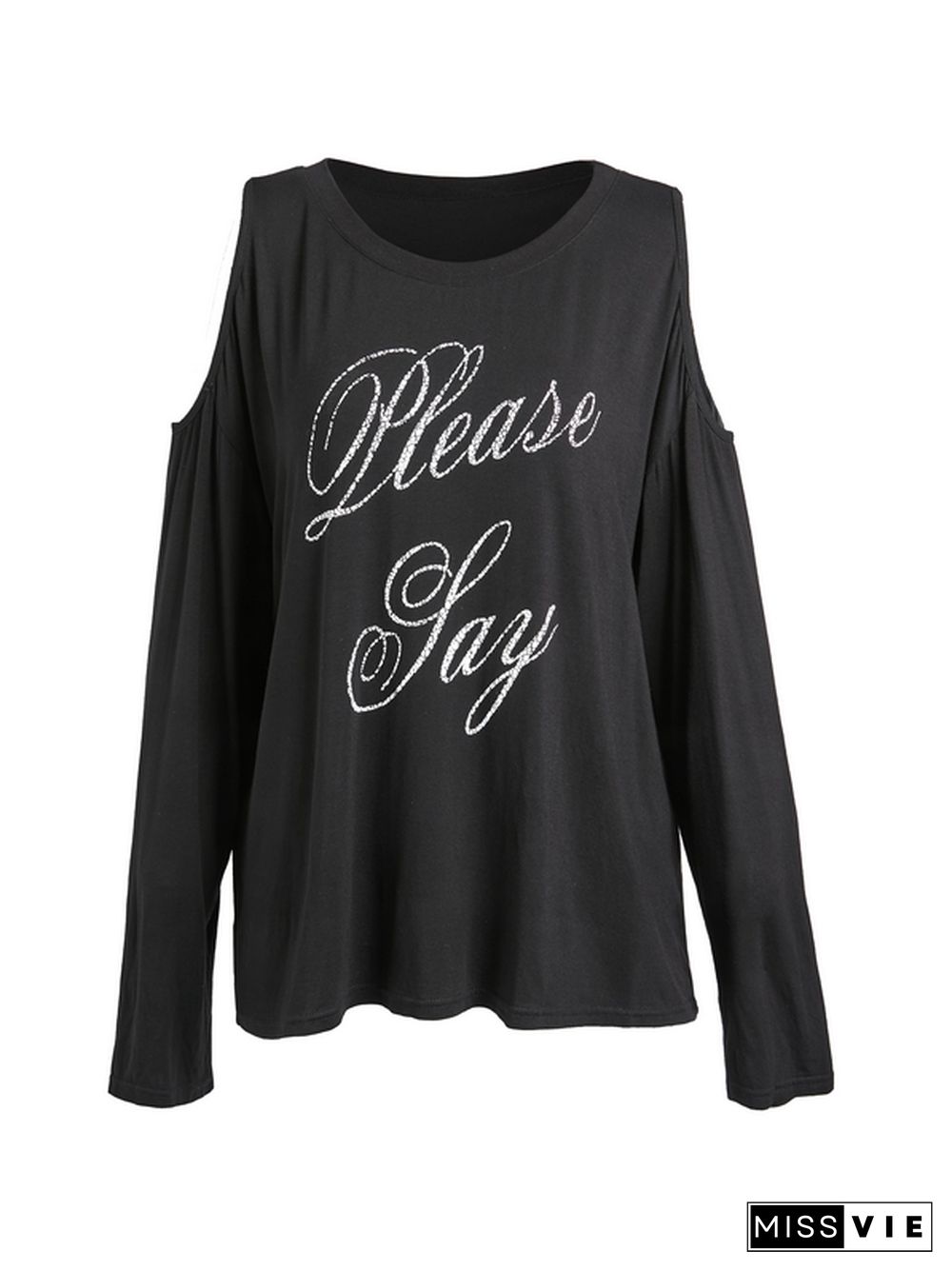 Cold Shoulder Letter Print Oversized Long Sleeve Tee