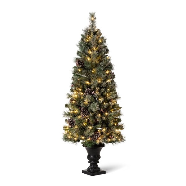 Glitzhome 4ft/5ft/6ft Flocked Pine Christmas Potted Porch Tree With Warm White Lights