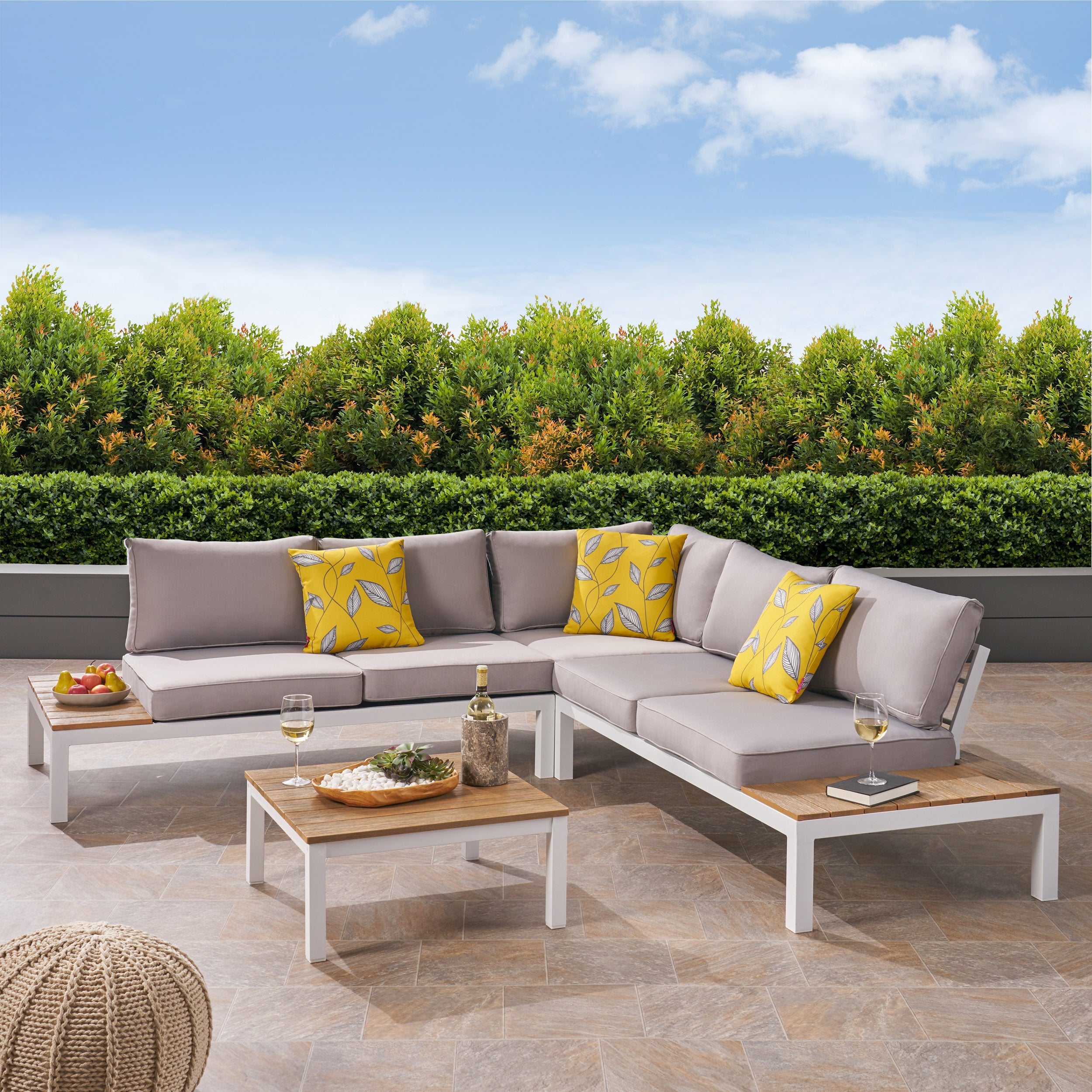 Blessen Outdoor Aluminum and Wood V-Shaped Sofa Set with Cushions