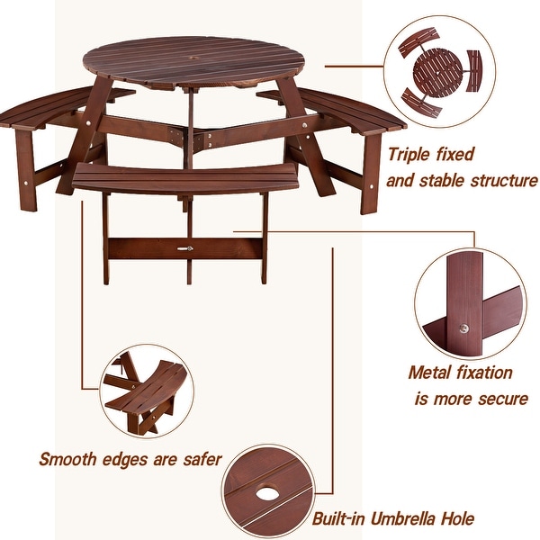 Outdoor Round Picnic Table Set with Builtin Benches and Umbrella Hole