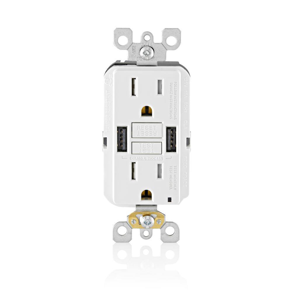 Leviton 15 Amp Smartlock Pro Self-Test GFCI Combination 24-Watt (4.8 Amp) Type A USB In-Wall Charger Duplex Outlet White R02-GUSB1-0BW