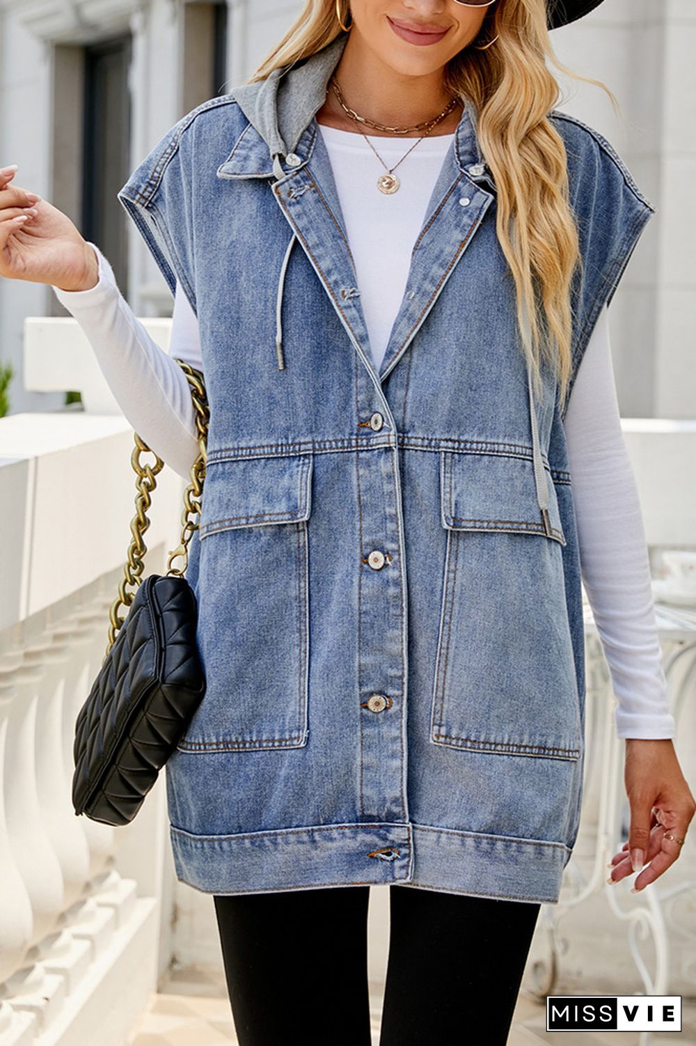 Open Front Pockets Sleeveless Denim Jacket