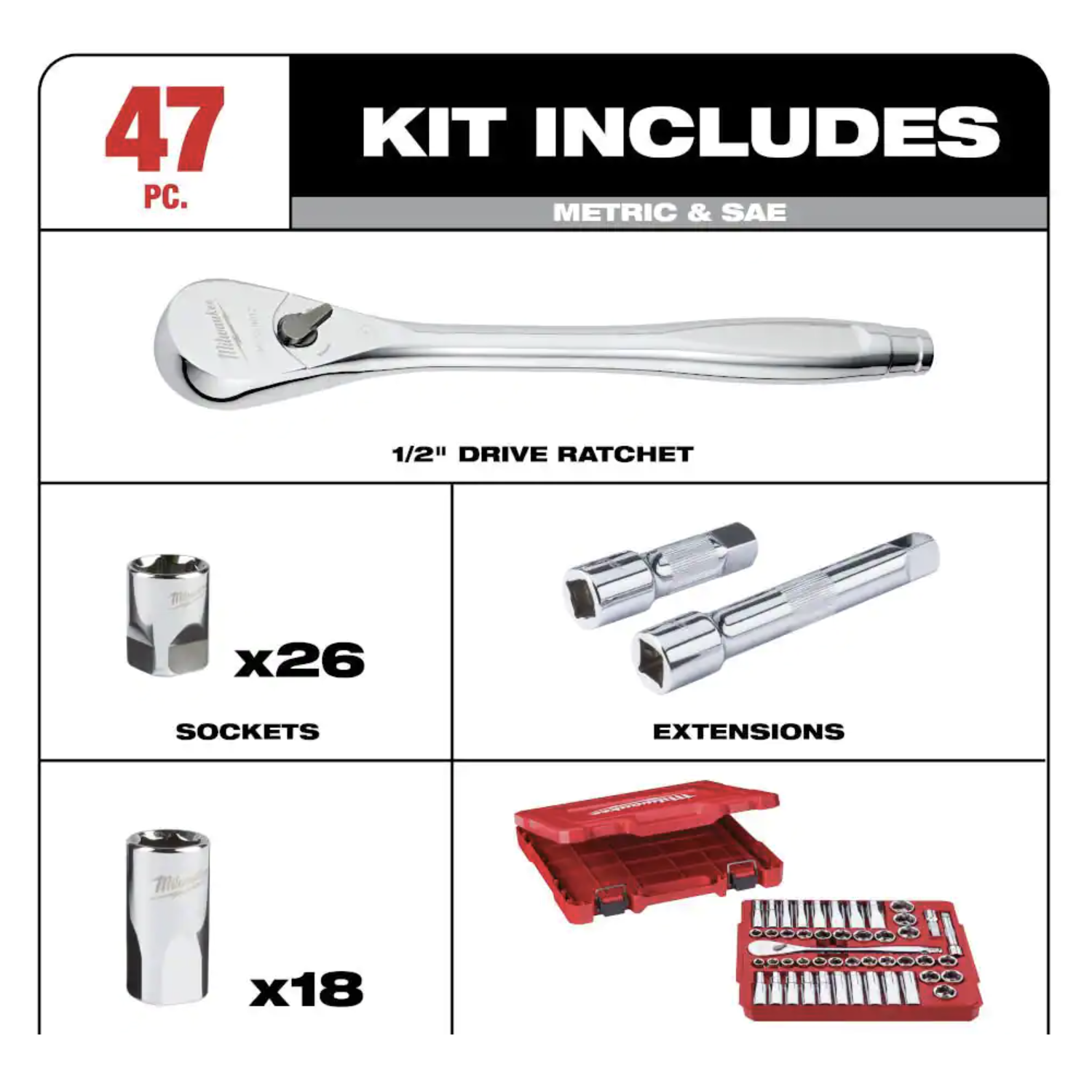 Milwaukee 1/2 in. Drive SAE/Metric Ratchet and Socket Mechanics Tool Set， 47-Piece (48-22-9010)