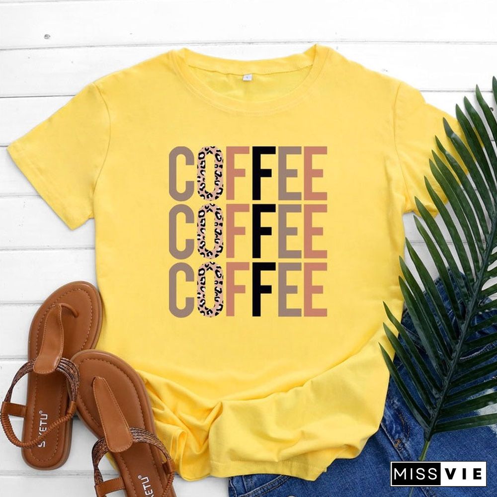 Female Regular Short Sleeve Summer Casual Women Graphic T-shirts Coffee Letter Print Ladies Fashion 100% Cotton O-Neck Tees Tops