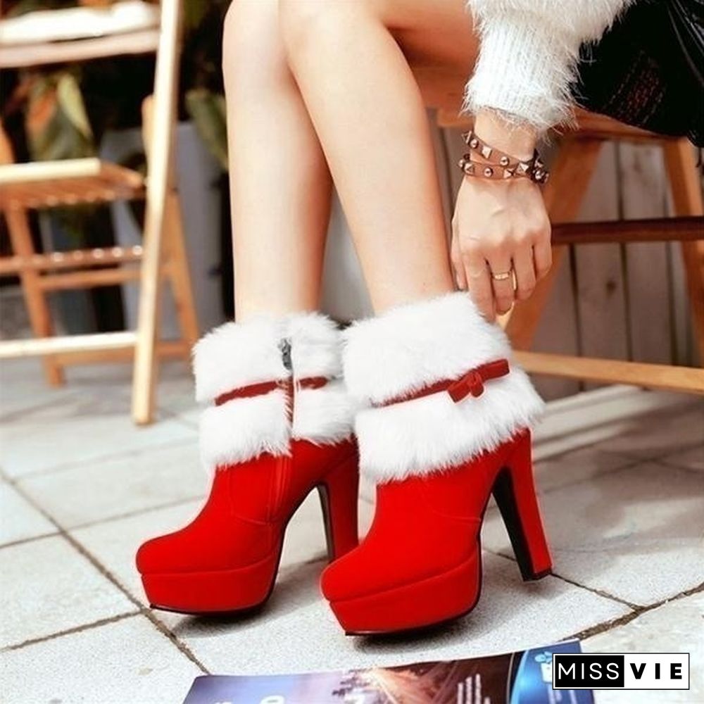 Brand New Women Winter Boots High-heeled Ankle Boots Suede Fur Booties For Casual/Party/Christmas Dress Black Red Colors