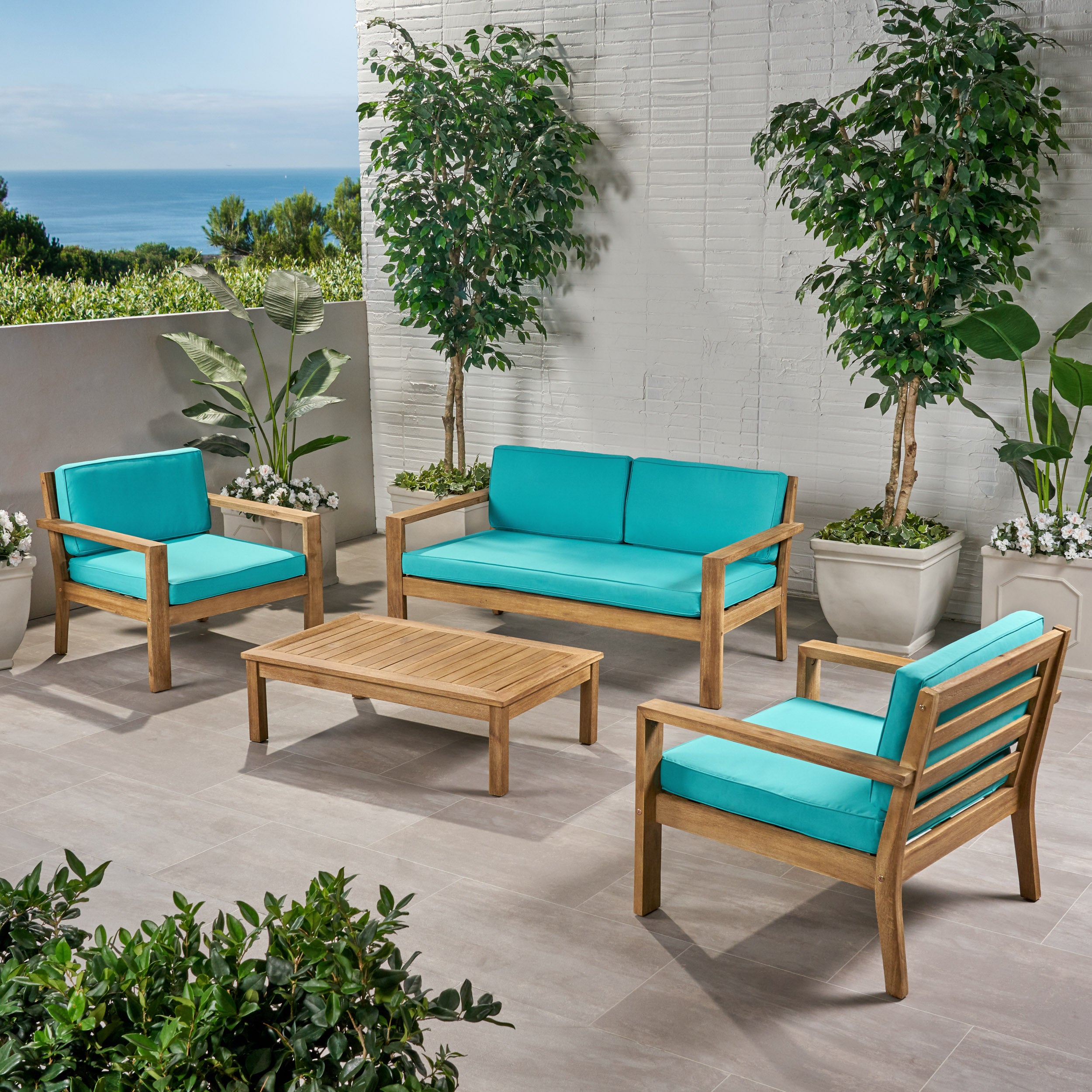 Iris Outdoor 4 Seater Acacia Wood Chat Set with Cushions