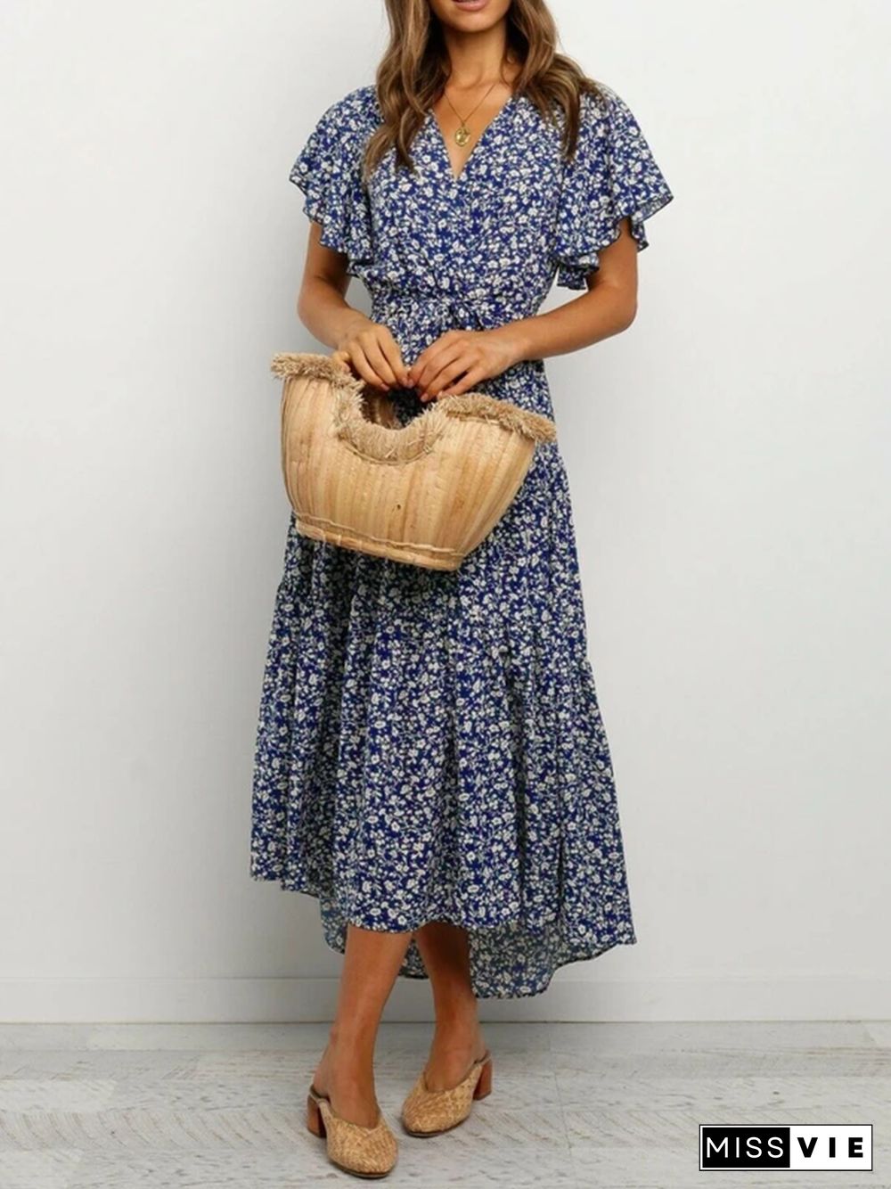 Short Sleeve Floral Tie Front Maxi Dress