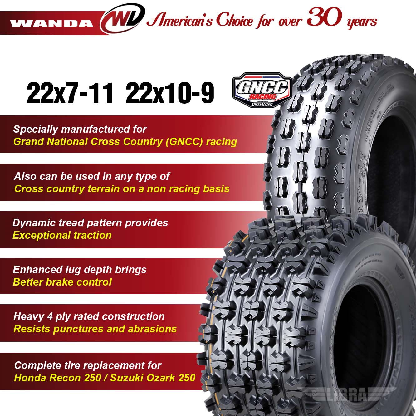 Set 4 WANDA Sport ATV Tires 22x7-11 and 22x10-9 GNCC Racing Tires Compatible for Honda Recon 250 Suzuki Ozark 250