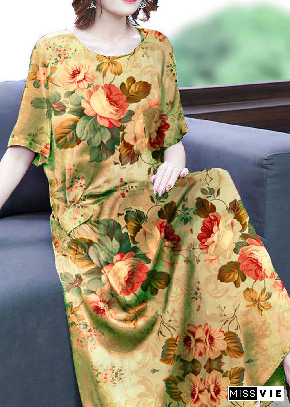 Green-Flower Print Silk Long Dress Oversized Pockets Wrinkled Summer