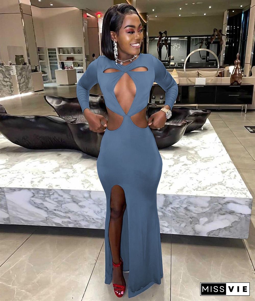 Sexy Cut Out Long Sleeve High Slit Maxi Dress