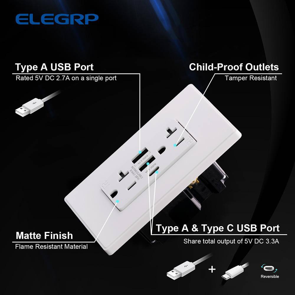 ELEGRP 30-Watt 20 Amp 3-Port Type C and Dual Type A USB Duplex Wall Outlet Wall Plate Included White (6-Pack) R1820D60AAC-WH6