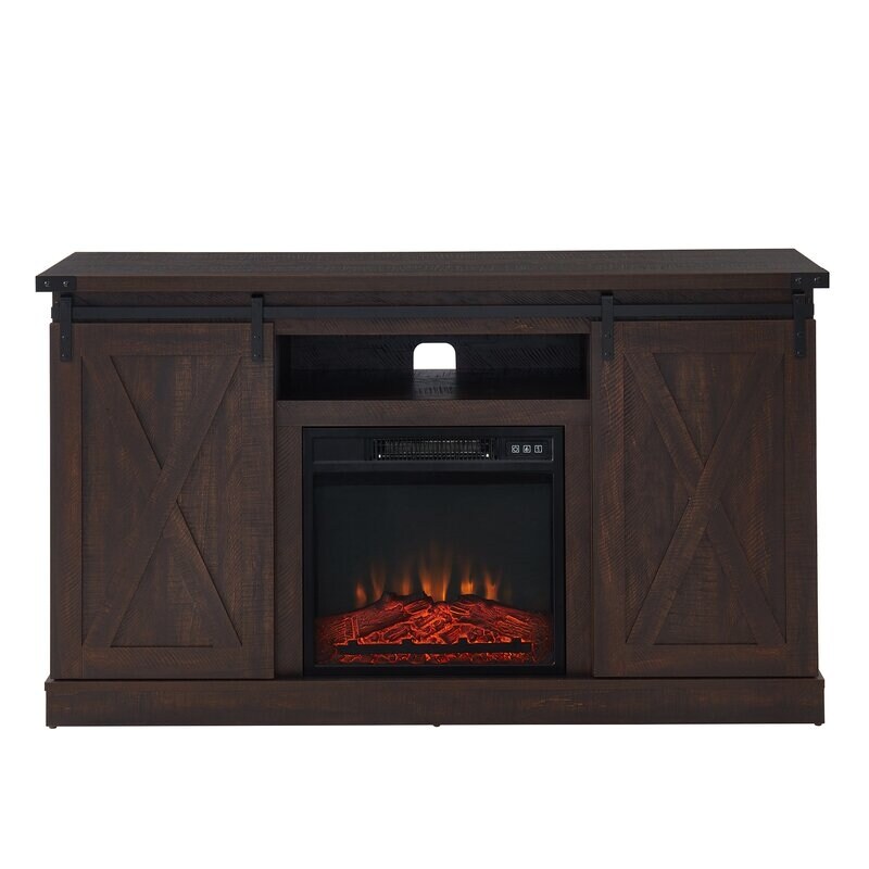 Fireplace TV Stand   Sliding Barn Door Farmhose Entertainment Center with 18'' Electric Fireplace Storage Cabinet