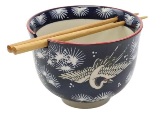 1 Japanese White Stork In Dark Blue Starry Sky Ramen Soup Bowl With Chopsticks Set EBR02