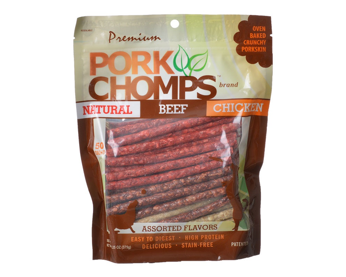 Premium Pork Chomps Munchy Sticks Dog Treats， 50 Count