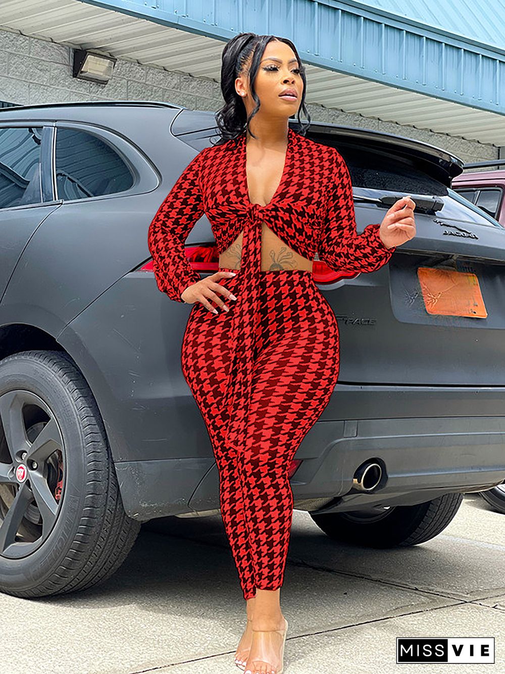 Houndstooth Print Bandage Crop Top Pants Set