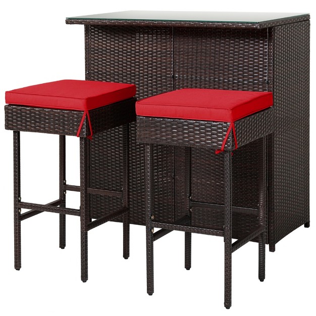 Tangkula 3pcs Patio Wicker Rattan Bar Set Table W 2 Red Cushioned Stools