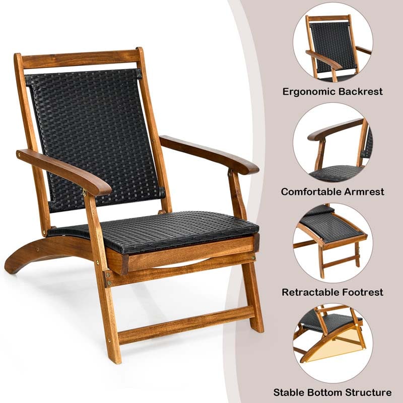 2 Pcs Acacia Wood Folding Chaise Lounge Chair Outdoor Foldable Deck Chair, Portable Wicker Lounger with Retractable Footrest