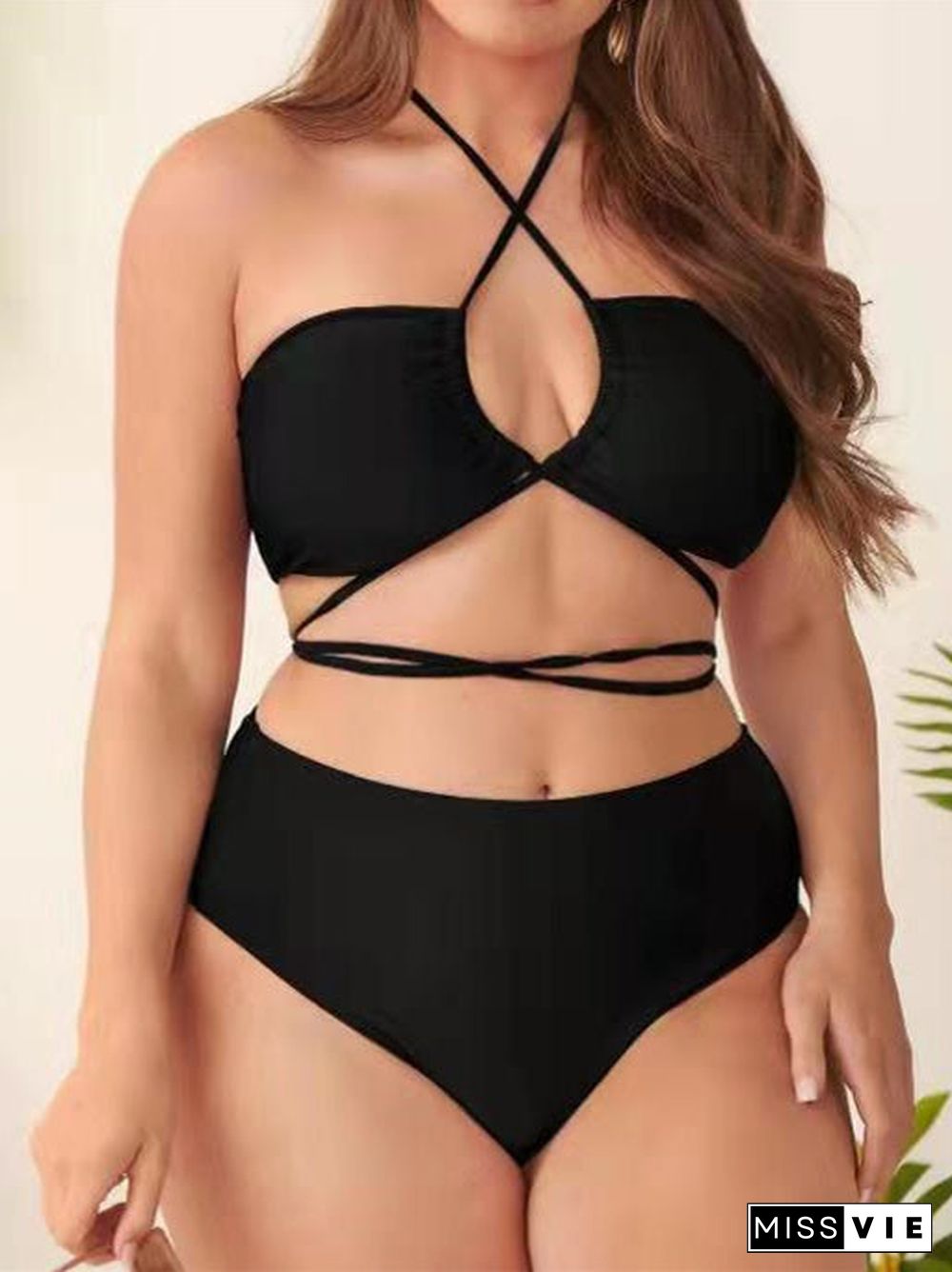 Plus Size Solid Backless Bikini Set